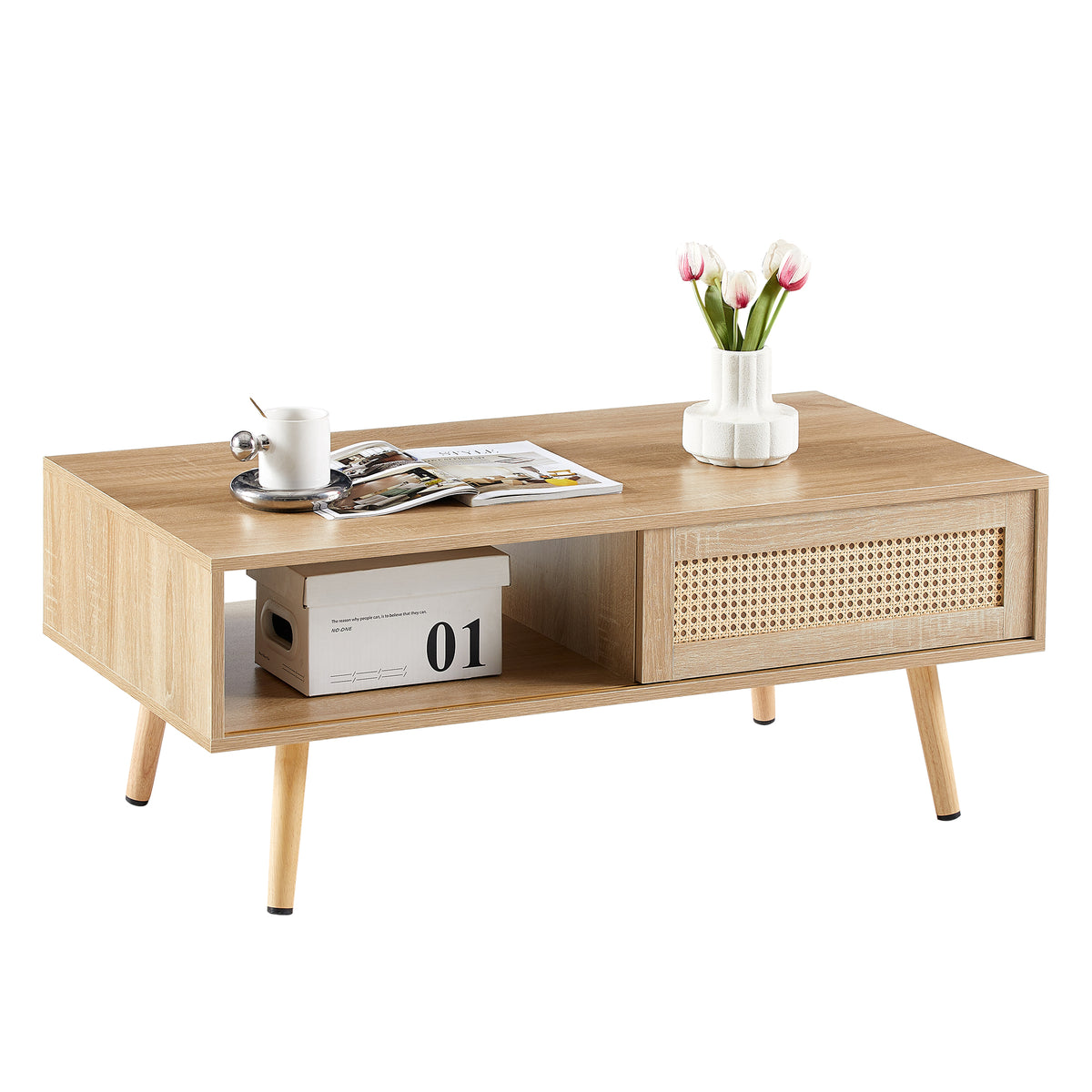 41.34inch Rattan Coffee Table Sliding Door Modern Table For Storage Solid Wood Legs - Image 2