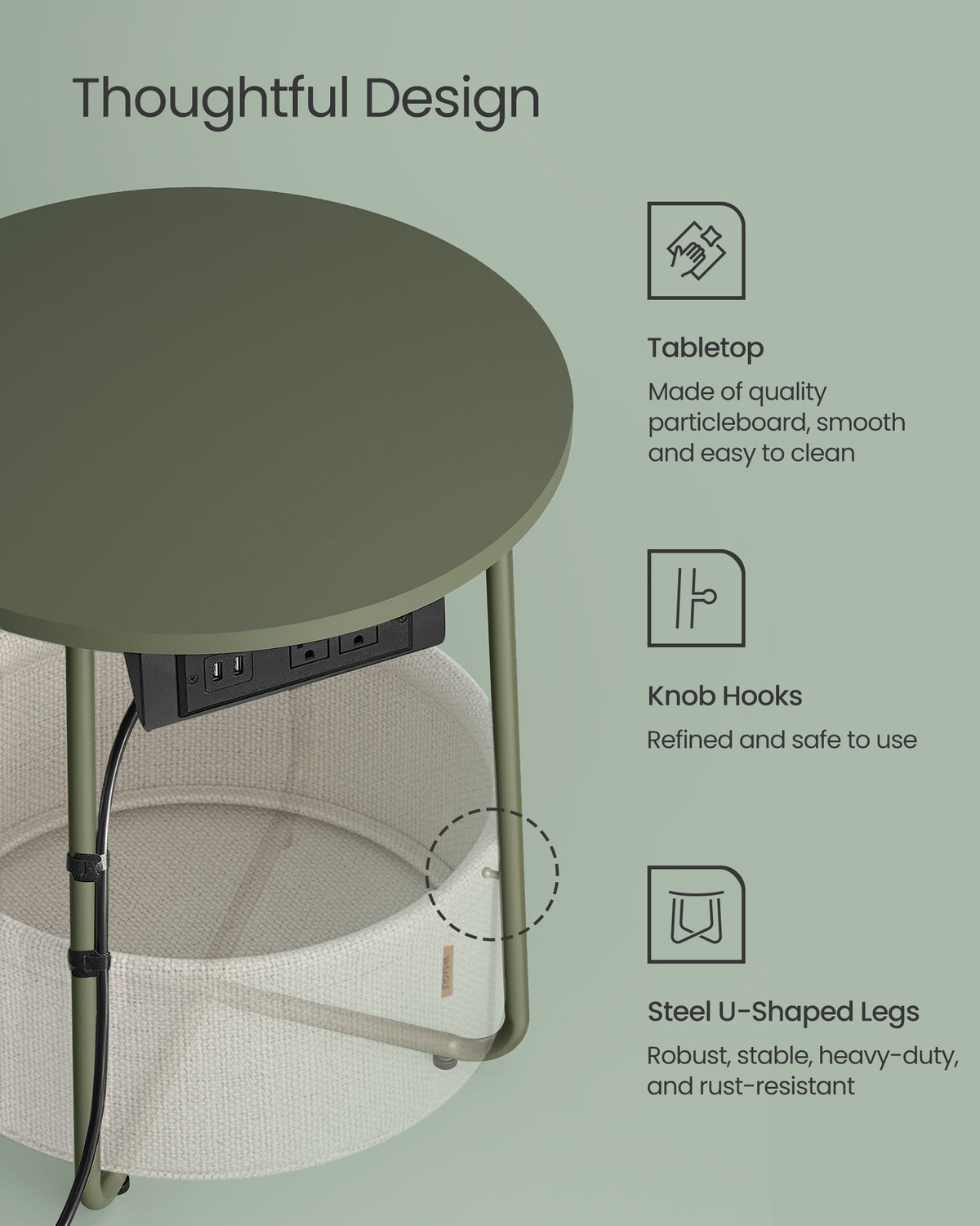 VASAGLE Side Table With Charging Station Fabric Basket Round End Table - Image 2