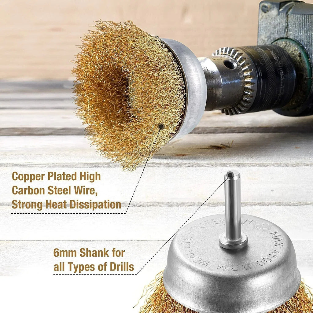 2 Pack 3 Pcs Wire Brush Wheel Set Cup Drill Bit Rust Paint Attachment 1/4" USA - Image 3
