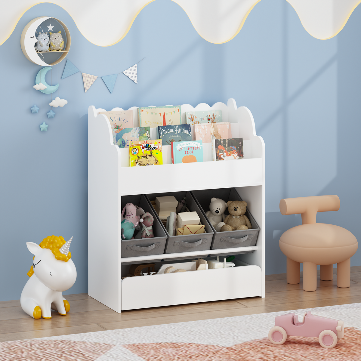 White kids book and toy organizer with fabric bins
