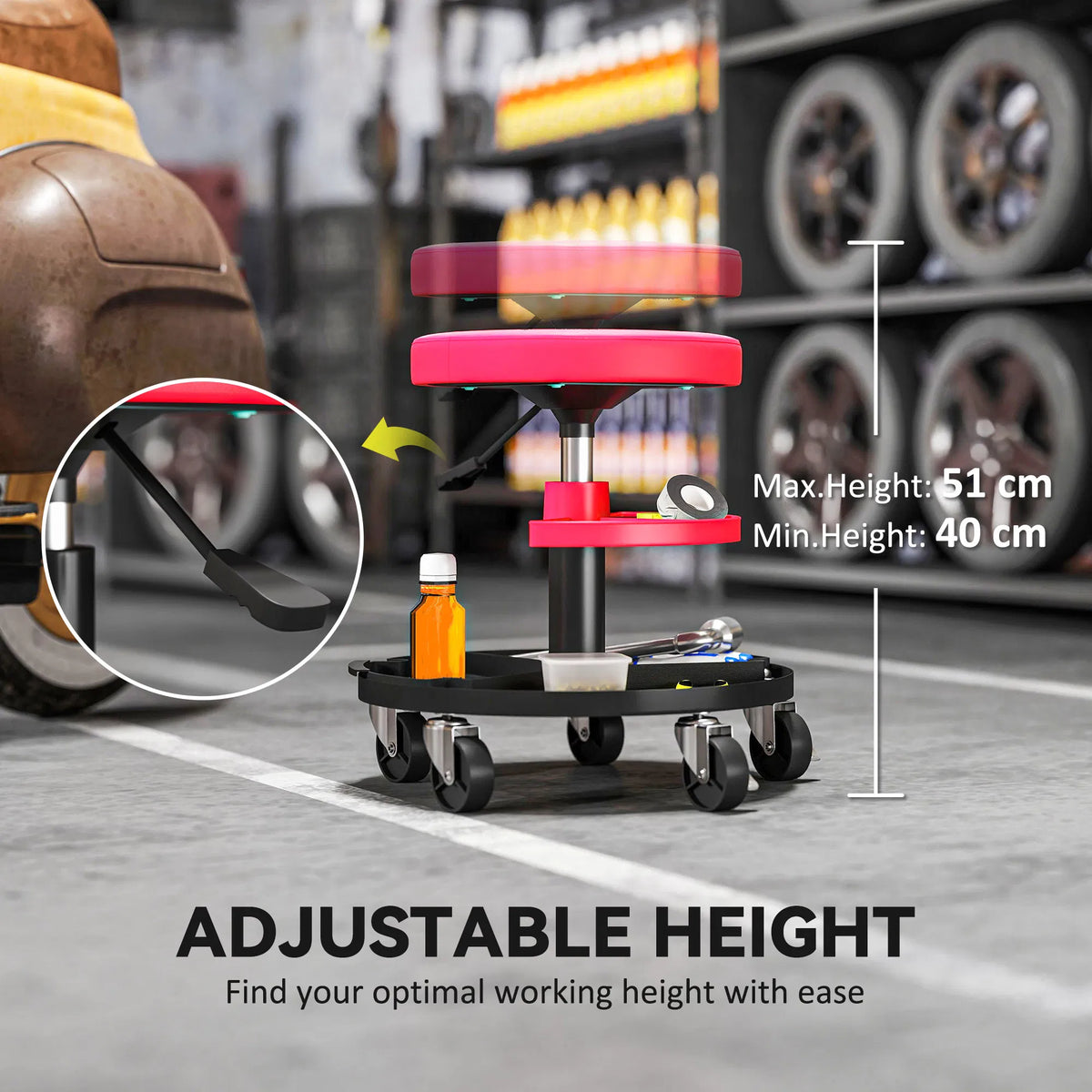 Rolling Garage Stool 300 LBS Capacity Mechanic Stool with 2.5" Wheels Tool - Image 2