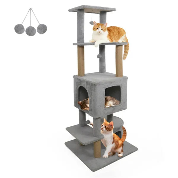 64" Light Gray Cat Tower With Plush Perches & 3 Dangling Balls Jute Scratching - Image 5