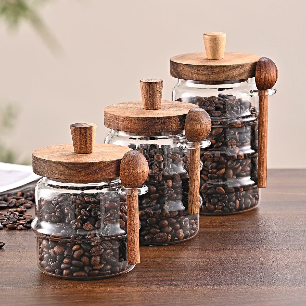 3 Piece Pcs Glass Coffee Jars With Spoons Candy Biscuit Storage Tea Snack Seasoning - Angle and Detail View