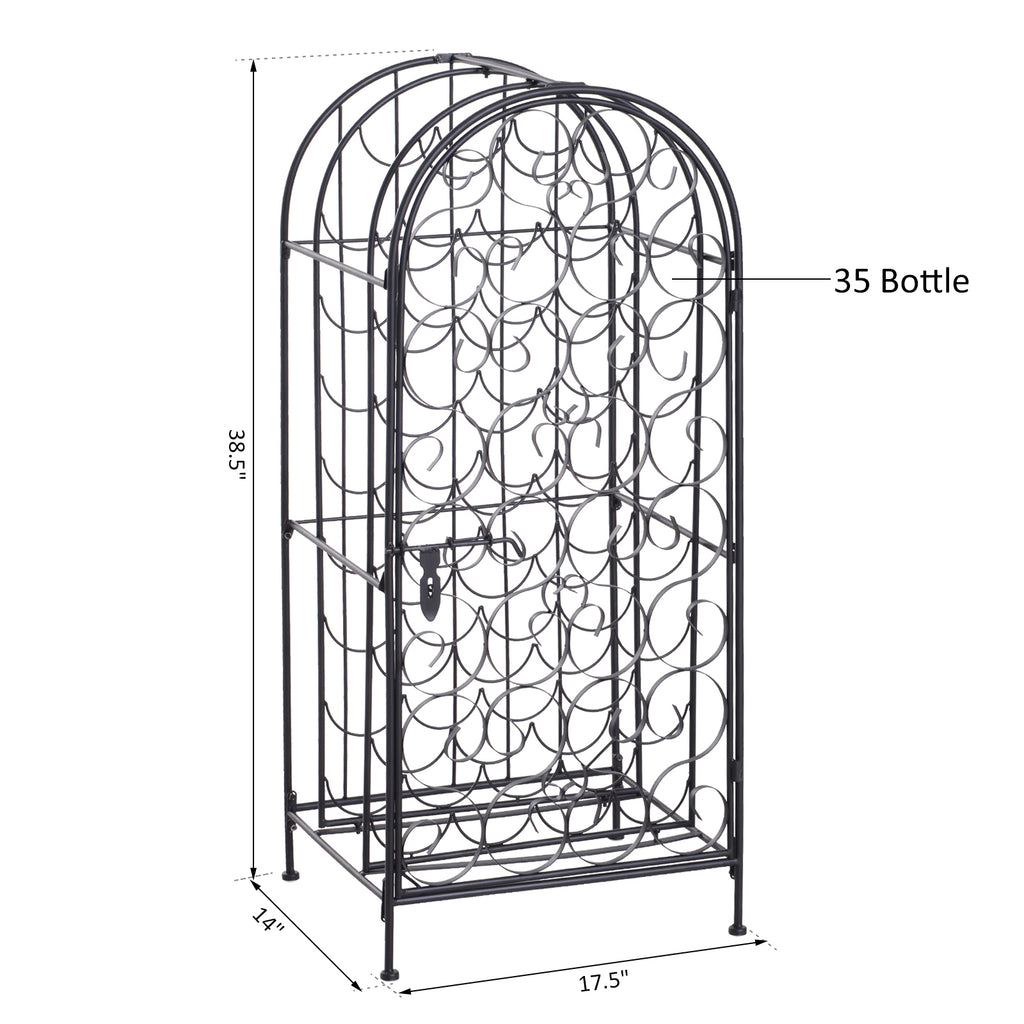 35 Bottle Wrought Iron Wine Rack Cabinet With Lock Black - Angle and Detail View