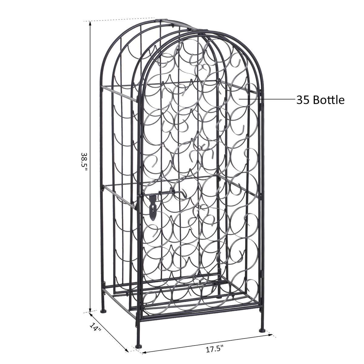 35 Bottle Wrought Iron Wine Rack Cabinet With Lock Black - Angle and Detail View