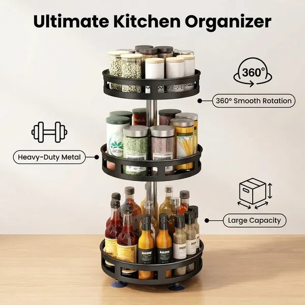 3-tier rotating spice rack organizer detail and structure