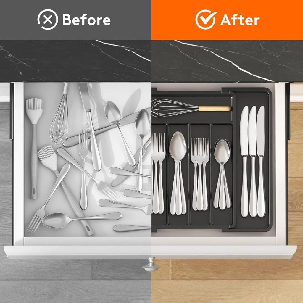 Expandable Silverware Organizer Utensil Tray For Kitchen Drawer - Angle and Detail View