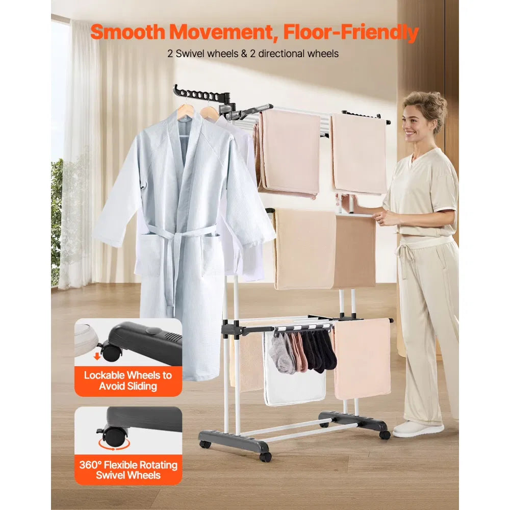 4 Tier Clothes Drying Rack Sturdy Laundry Drying Rack with Wheels and 24 Rods