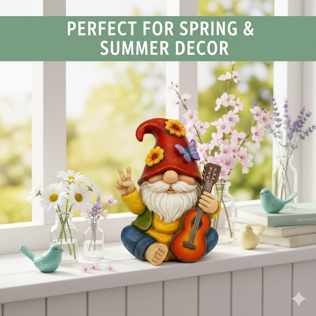 Red Peace Sign Garden Gnome Guitar Playing Resin Statue For Outdoor Lawn Decor - Image 3