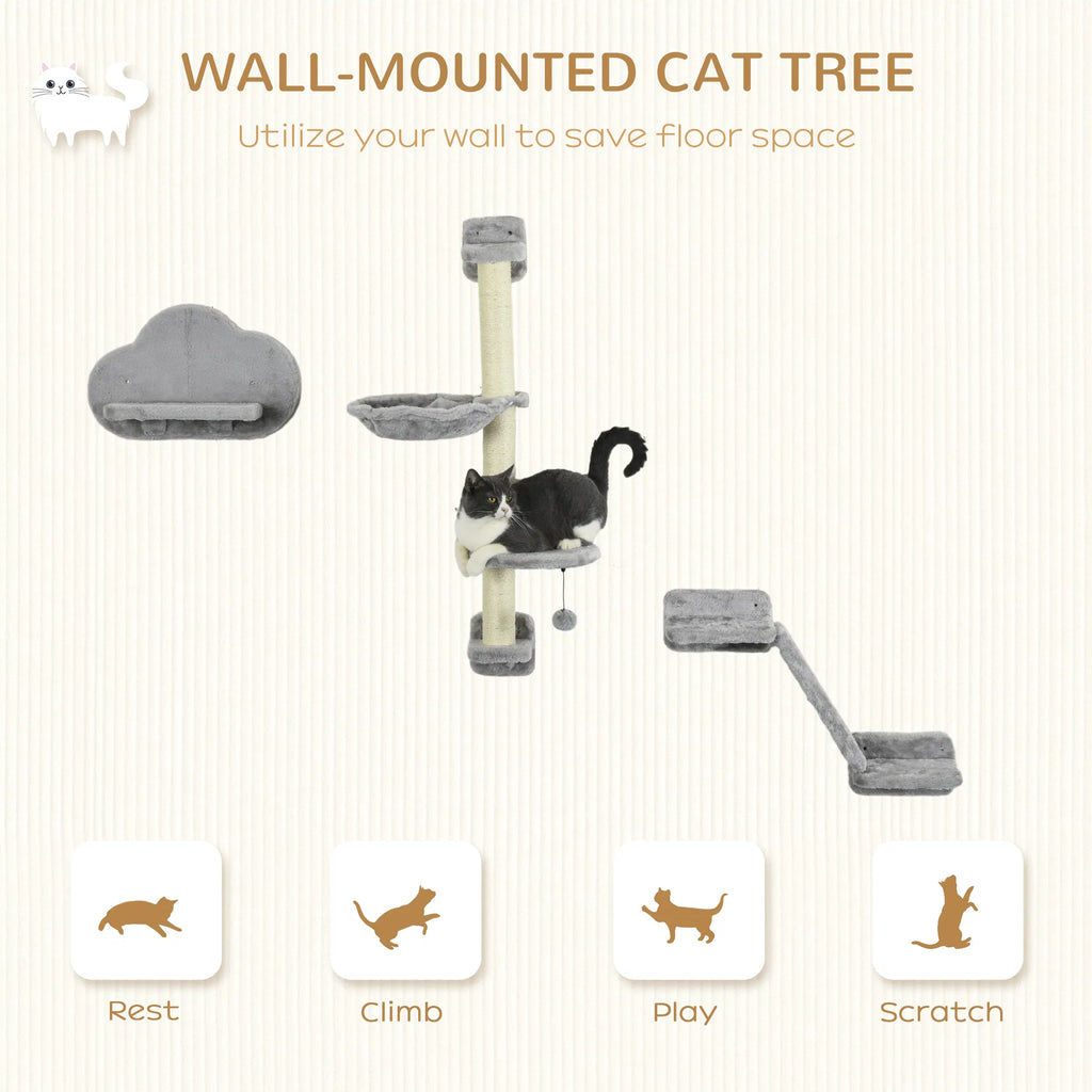 3PCs Cat Shelves with Hammock Scratching Posts Platforms Grey - Image 4