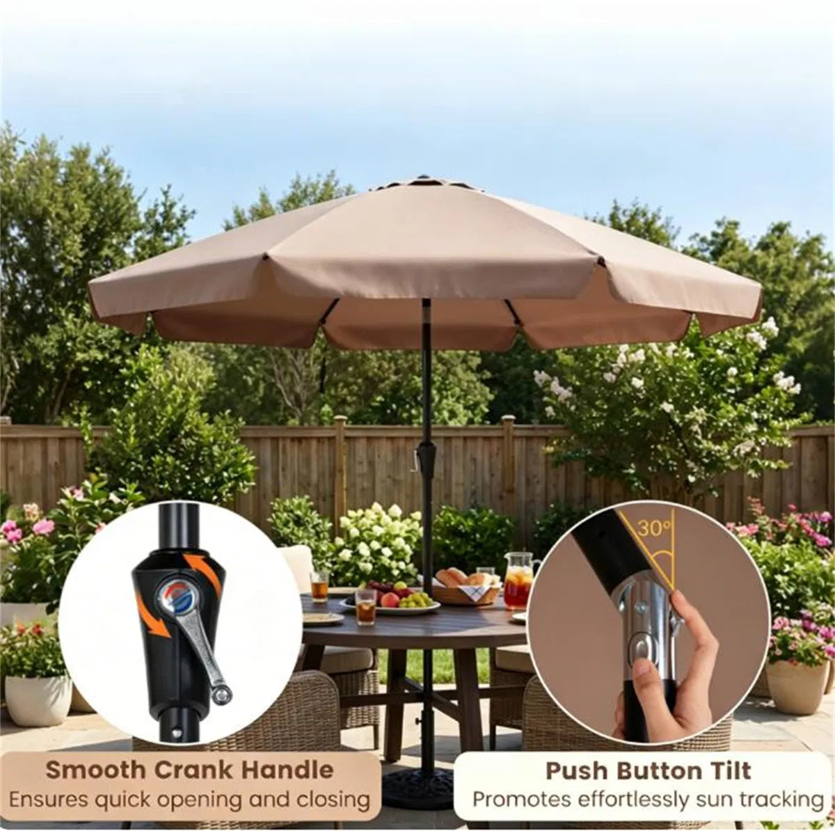 Brown 10ft Scalloped Patio Umbrella with PushButton Tilt Vented Outdoor Market - Image 4