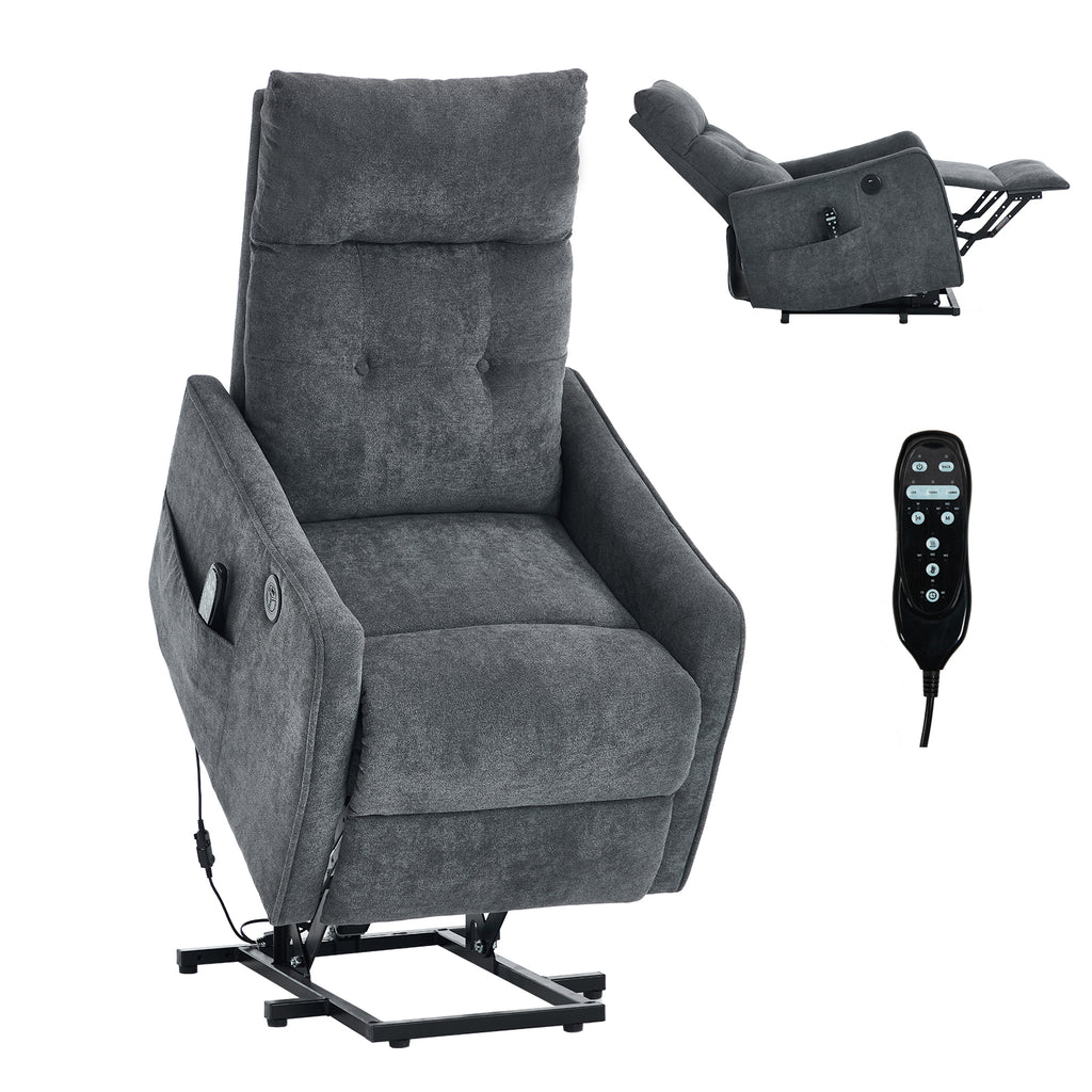 Grey Chenille Single Motor Power Lift Recliner Chair with Massage and Heat for