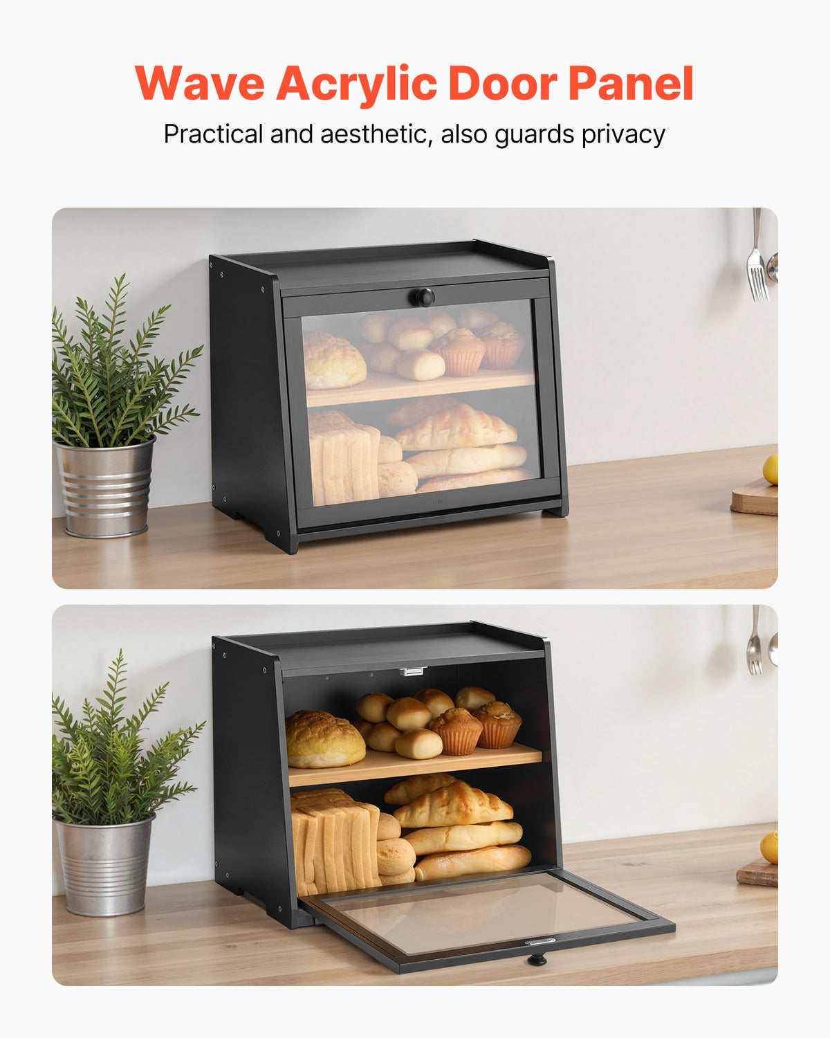 Double Layer Bread Box For Kitchen Counter Bamboo Storage Container Black - Image 2
