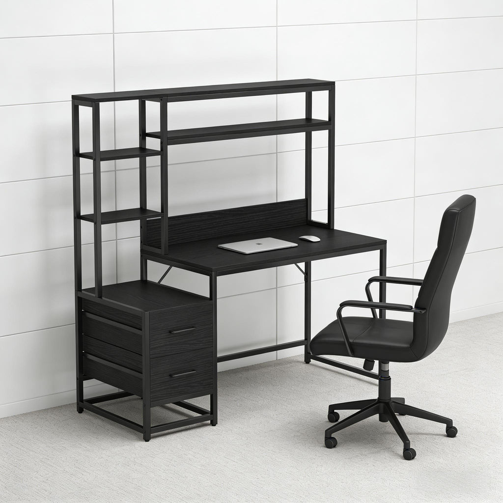 Tall Home Office Desk with Hutch, Shelves and Drawers