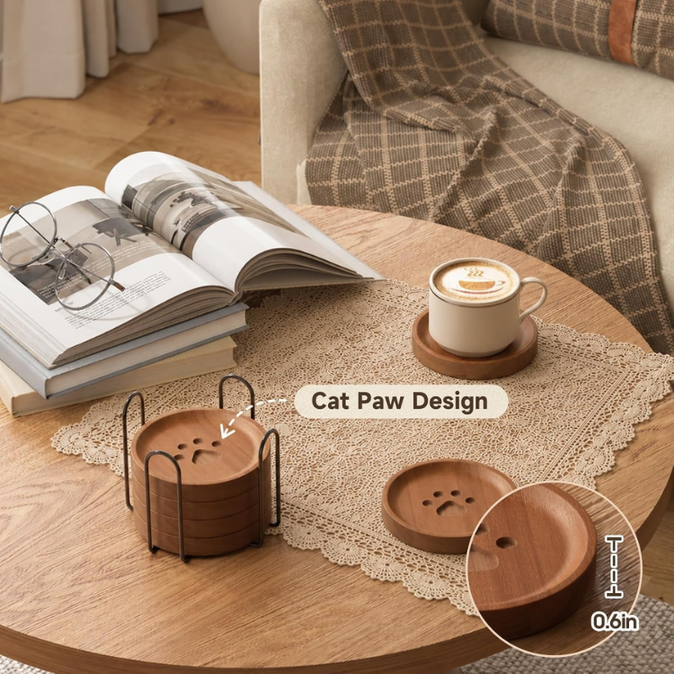 5 Piece Wooden Coaster Set With Holder Cute Drink Coasters For Desk Coffee
