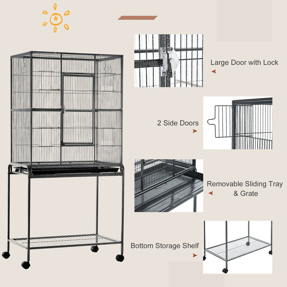 30'' Large Rolling Metal Bird Cage Bird House with Detachable Rolling Stand
