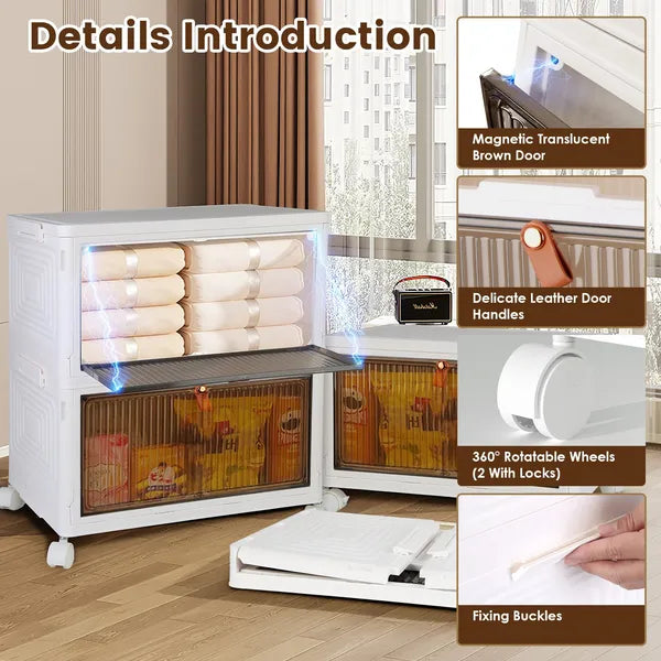 4-Tier Foldable Stackable Storage Bins with Lids and Magnetic Front Doors - Side Profile and Dimensions