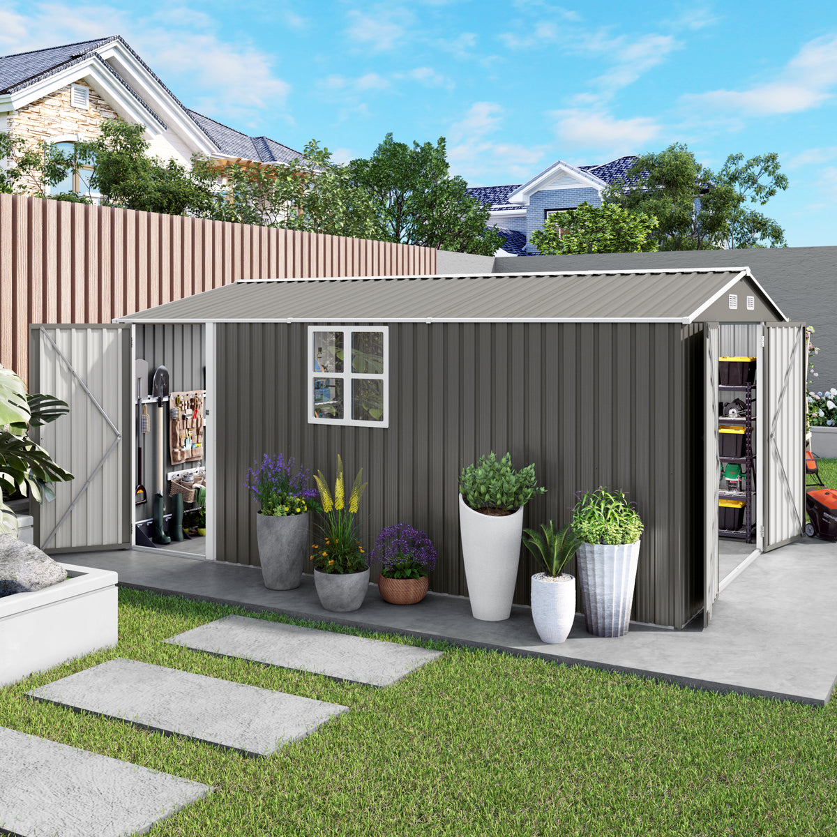 10x14 FT Outdoor Metal Storage Shed Durable Garden Shed With Three Lockable