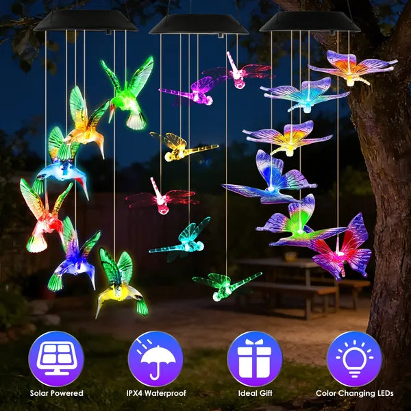 3Pack Solar Hummingbird Butterfly Dragonfly Wind Chimes 7 Color Changing Wind - Image 2