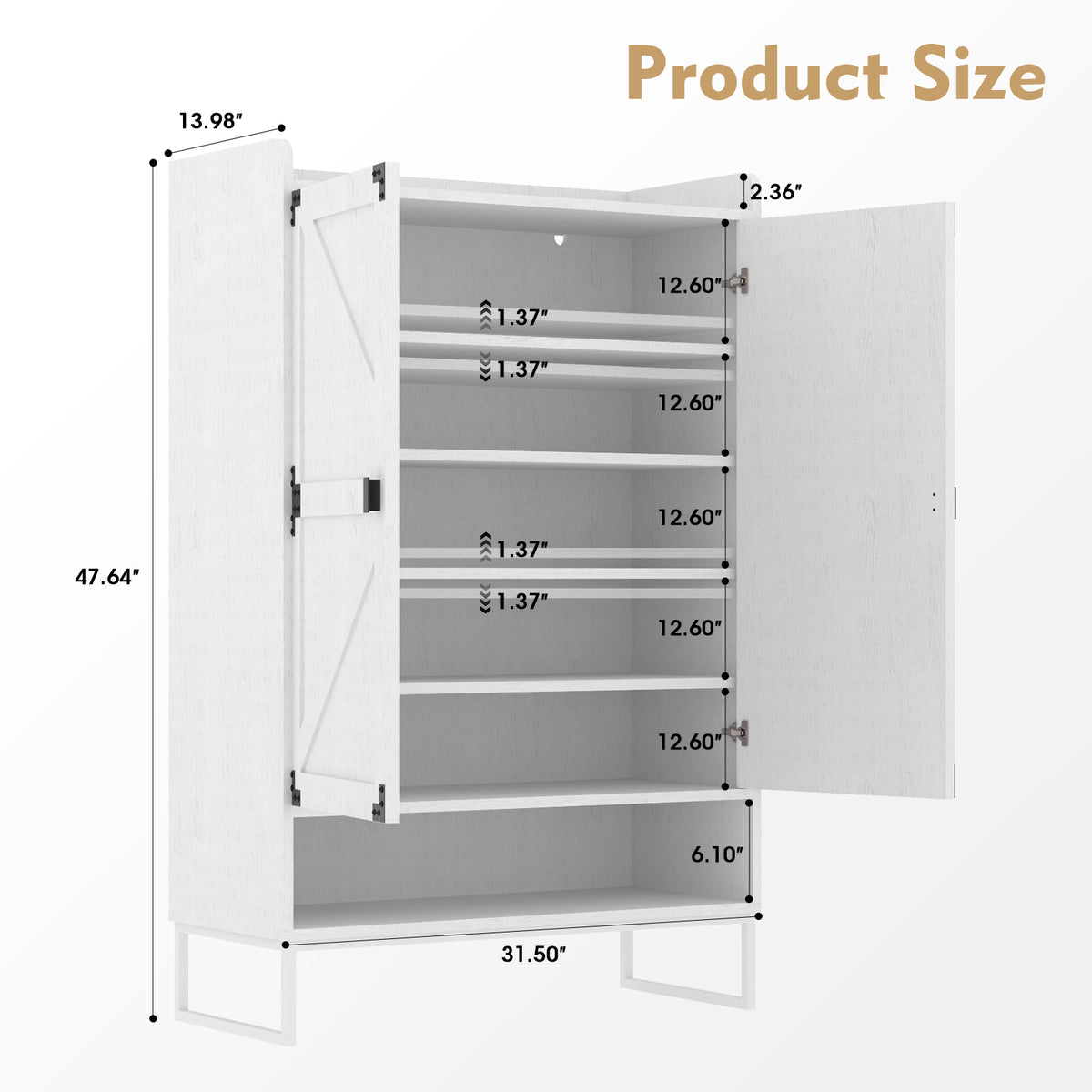 6-Tier Wooden Shoe Storage Cabinet with Adjustable Shelves - Storage Interior and Capacity Display