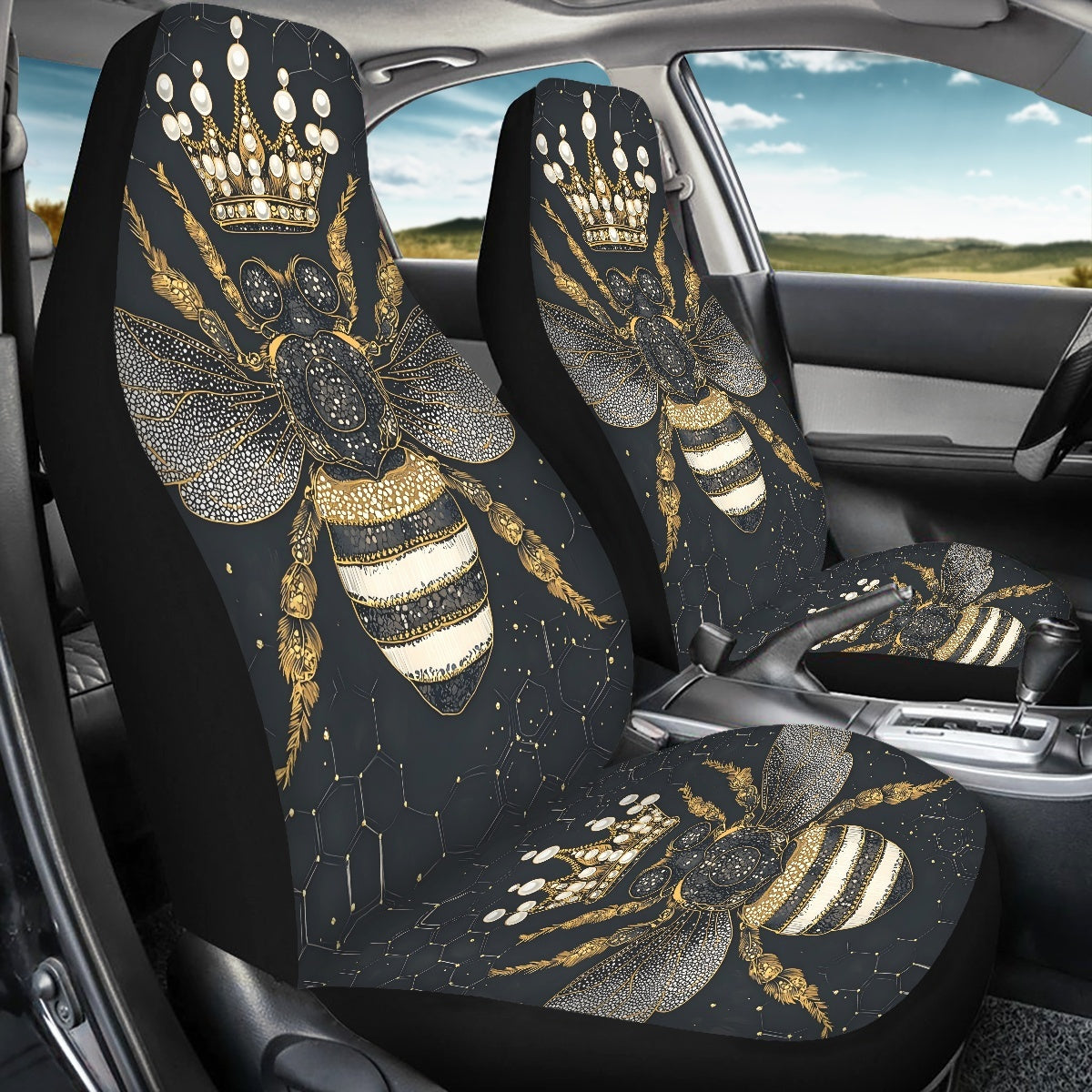 2 Front Car Seat Covers Digitally Printed With A Honeybee Pattern Thin - Image 4