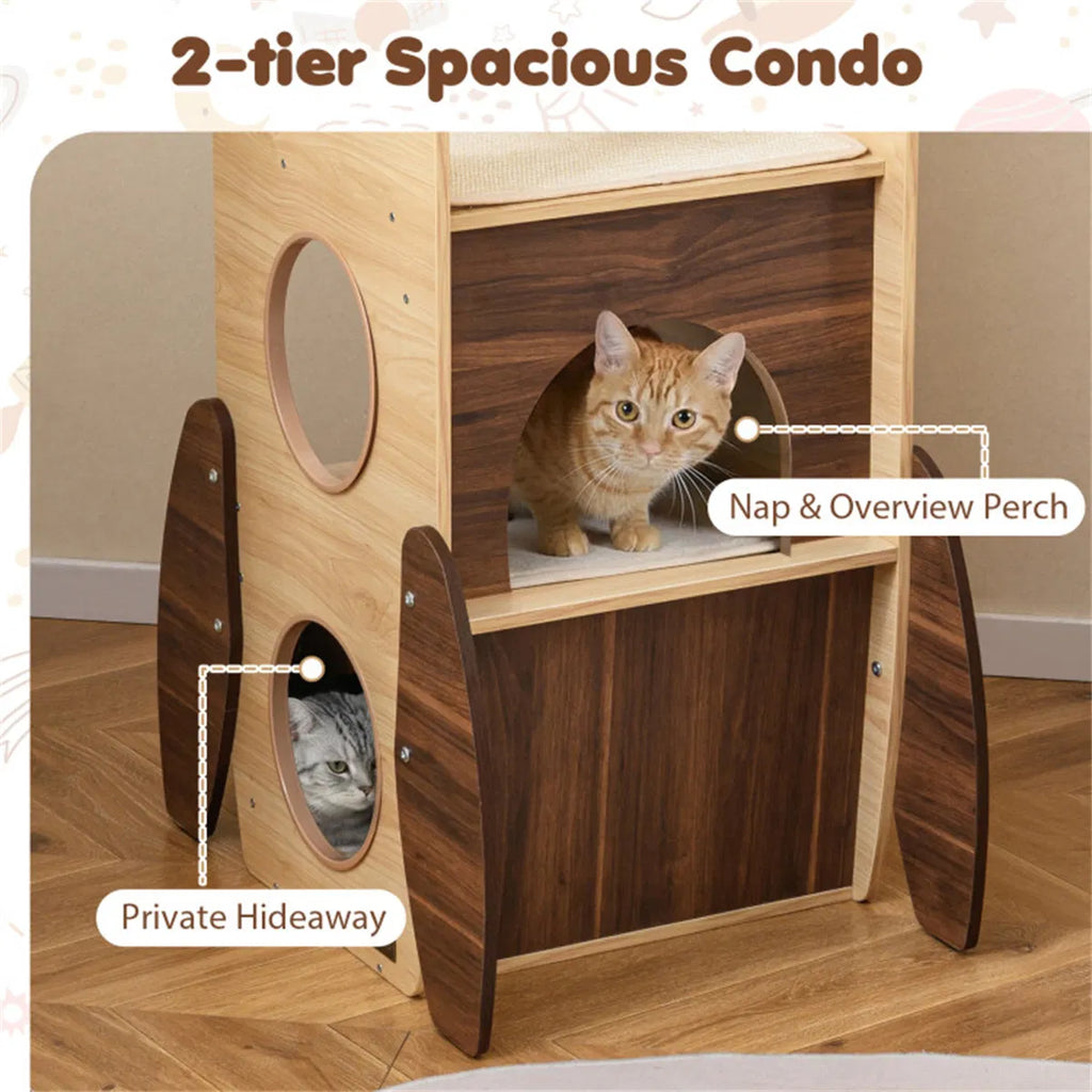 4 Tier Rocket Shape Cat Tree with 2 Tier Condo Sisal Scratch Pad Hanging Pompom