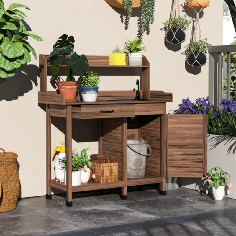 wood garden workstation with sink cabinet and shelving