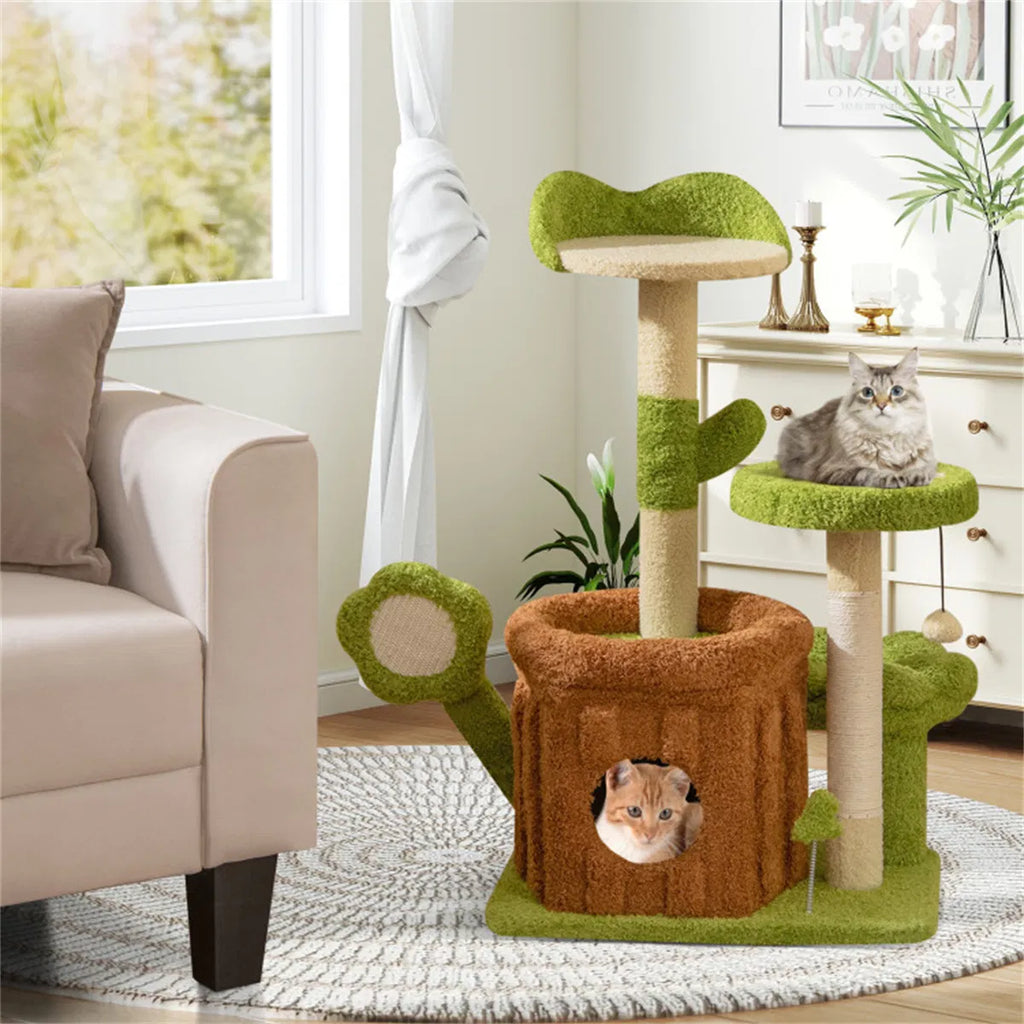 36" Jungle Theme Cat Tree Washable Peach Skin Sisal Scratching Post &