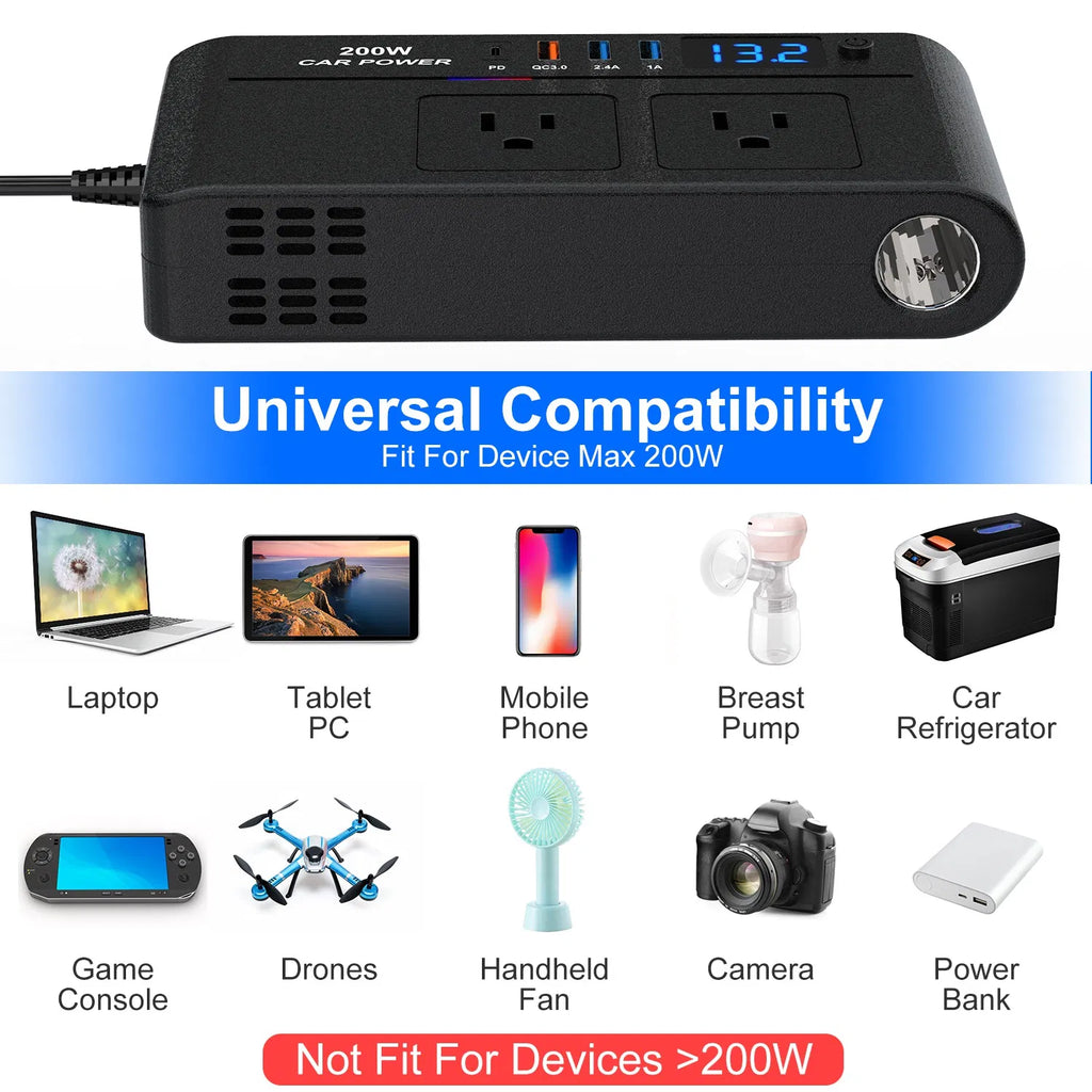 200W 12V Car Inverter DC12V to AC110V Vehicle Power Converter with 2 110V AC
