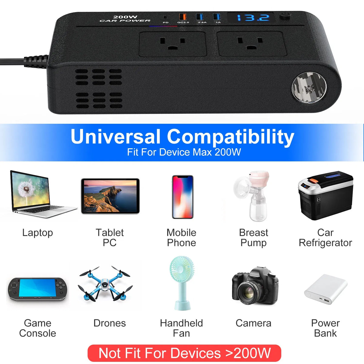 200W 12V Car Inverter DC12V to AC110V Vehicle Power Converter with 2 110V AC