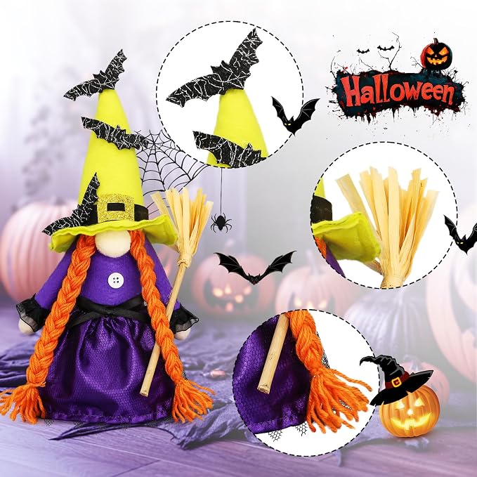 Purple Witch Gnome With Broom Halloween Tabletop Figurine Decoration For - Image 3