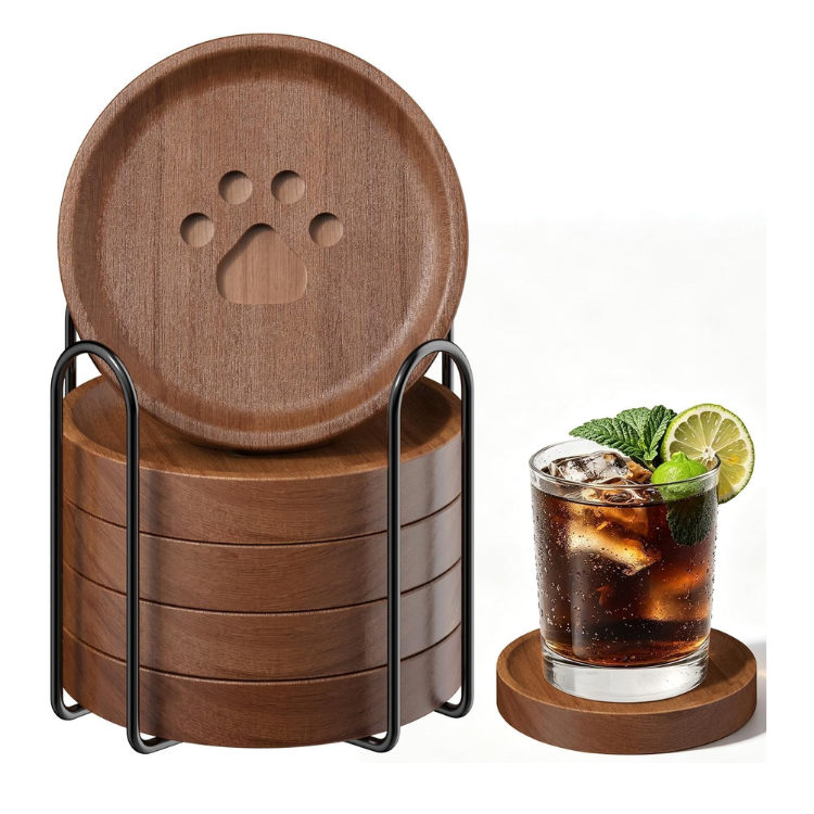 5 Piece Wooden Coaster Set With Holder Cute Drink Coasters For Desk Coffee - Image 3