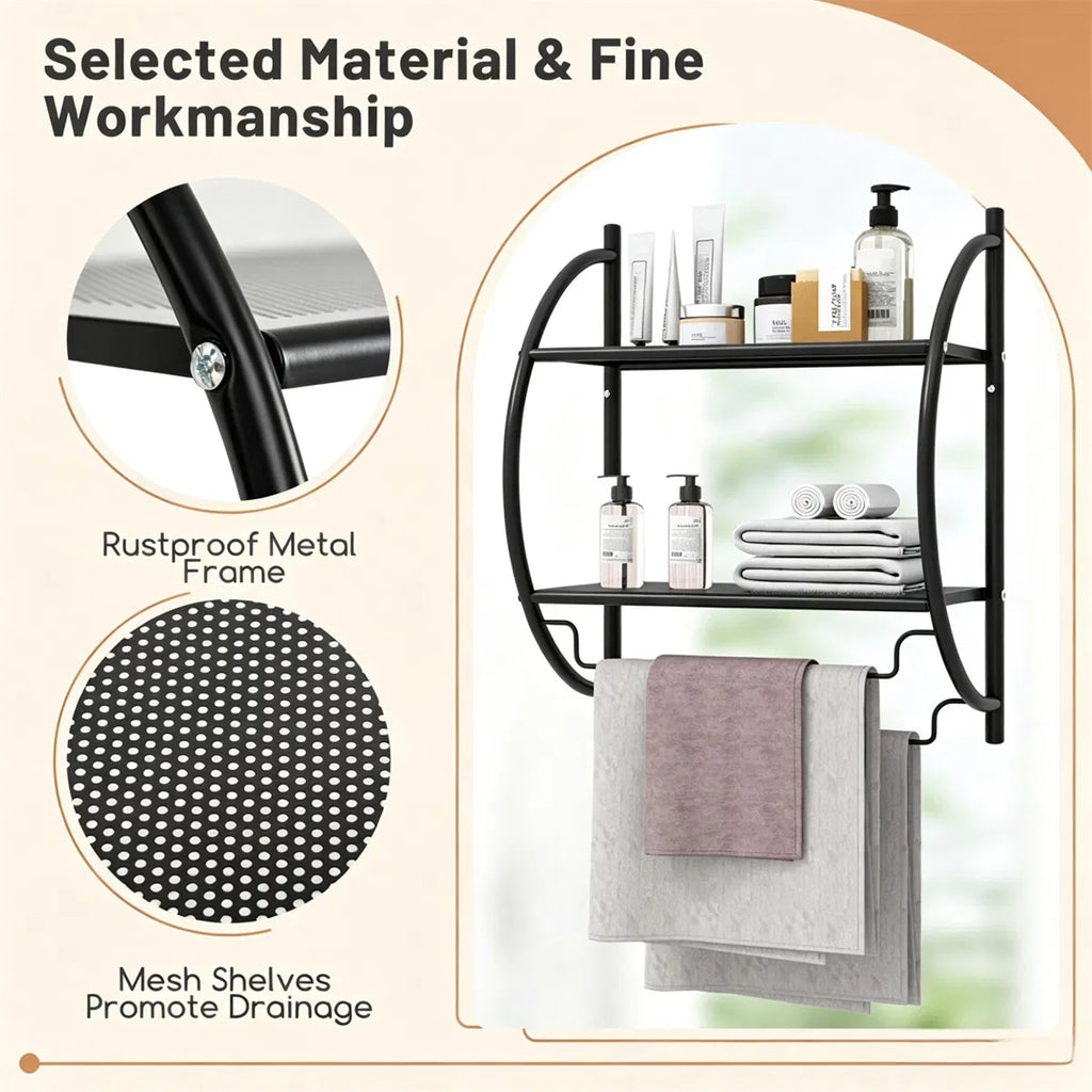 Black Rust Proof Wall Bathroom Shelving Unit With Dual Hanging Bars - Image 5