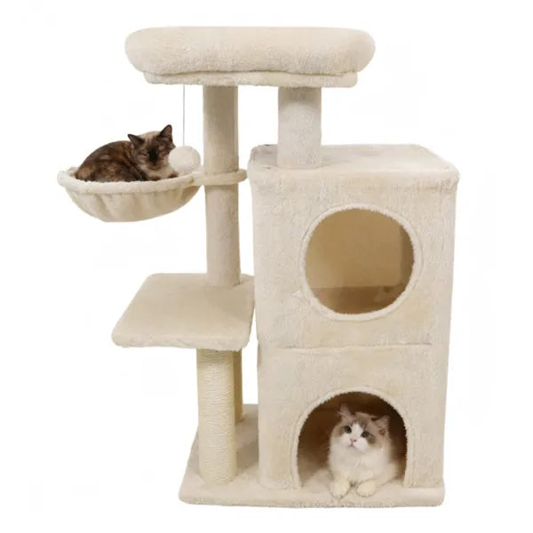 Beige 33.5" Multi Level Cat Tree With 2 Tier Condo Sisal Scratching Posts &