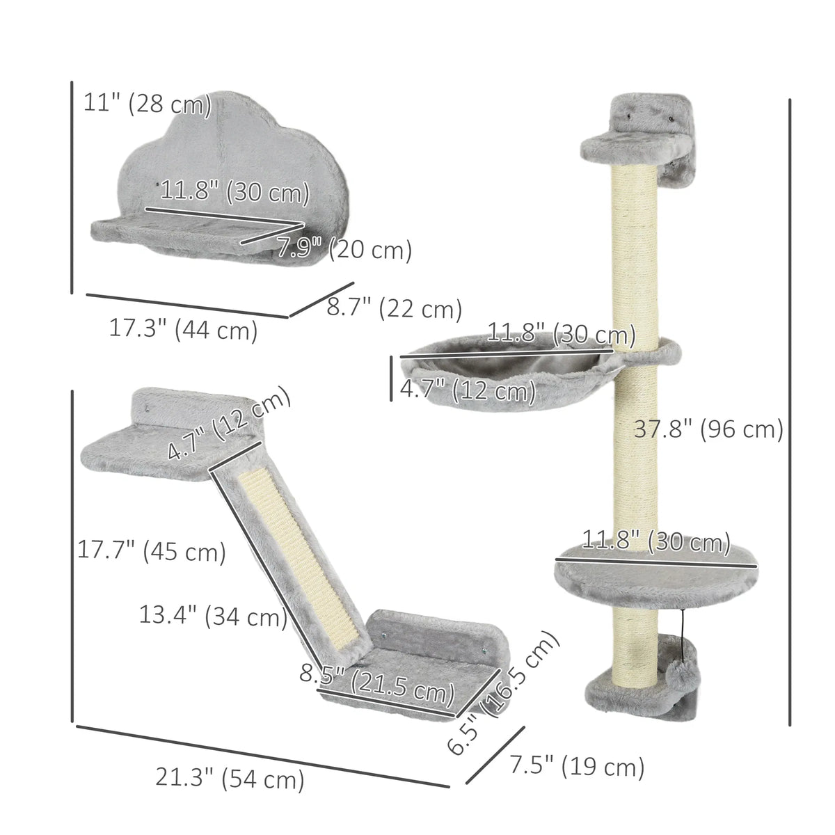 3PCs Cat Shelves with Hammock Scratching Posts Platforms Grey - Image 5