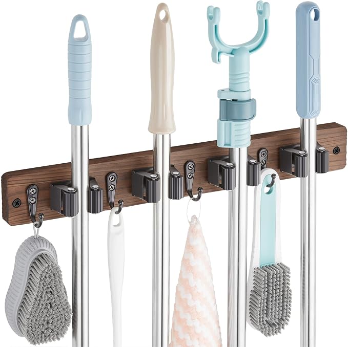 Wood Mop And Broom Holder Wall Mount 4 Slots And 4 Hooks Rustic Tool Rack For - Image 2