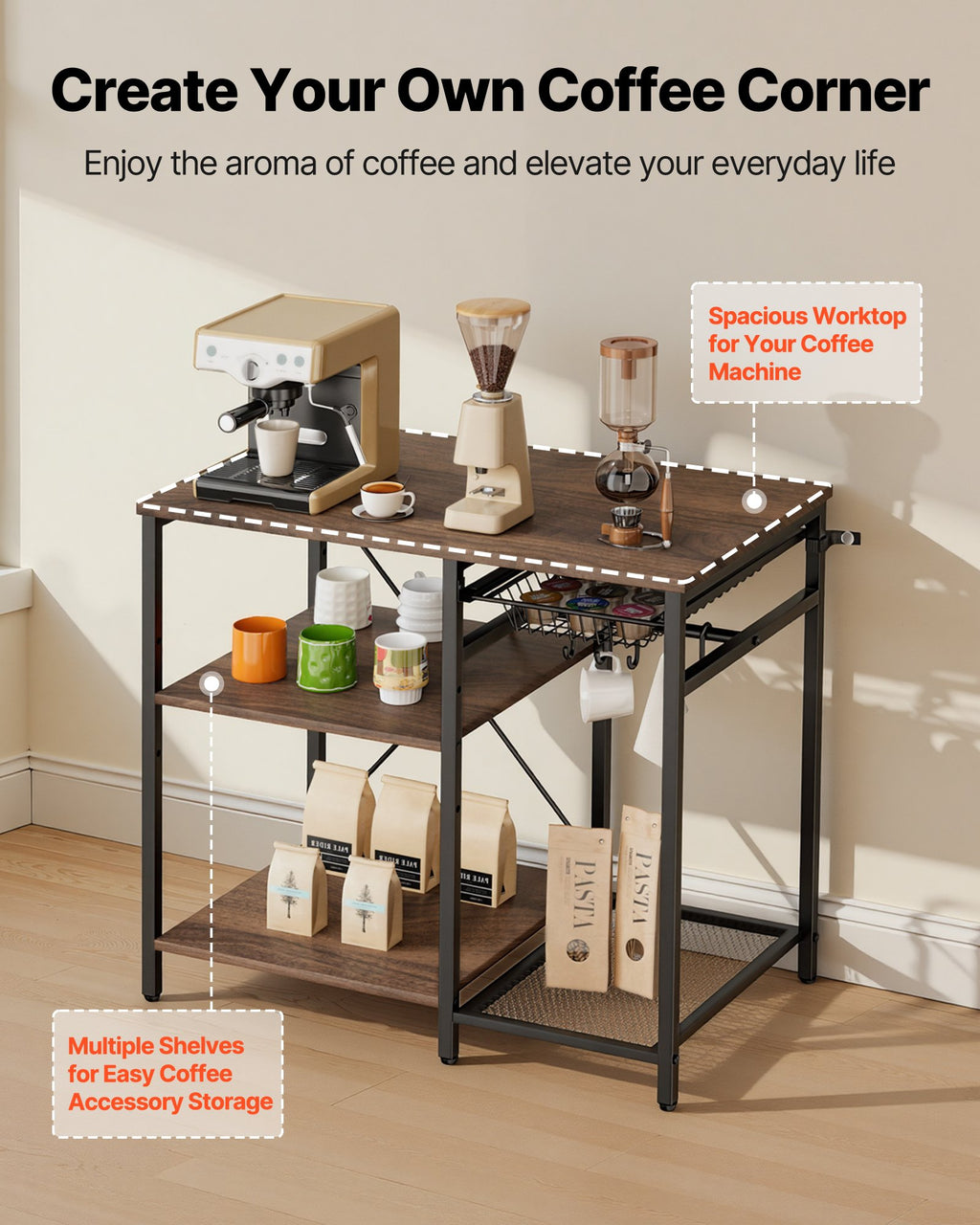 Kitchen Bakers Rack 35 Inch Width Stand With Shaped Support Bar Hooks Multi - Dimensions and Specifications