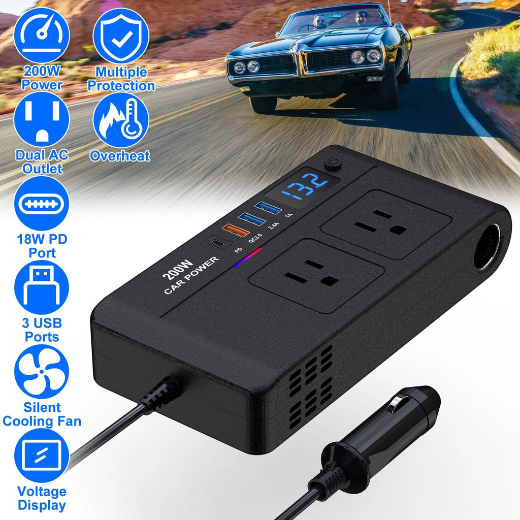 200W 12V Car Inverter DC12V to AC110V Vehicle Power Converter with 2 110V AC - Image 2