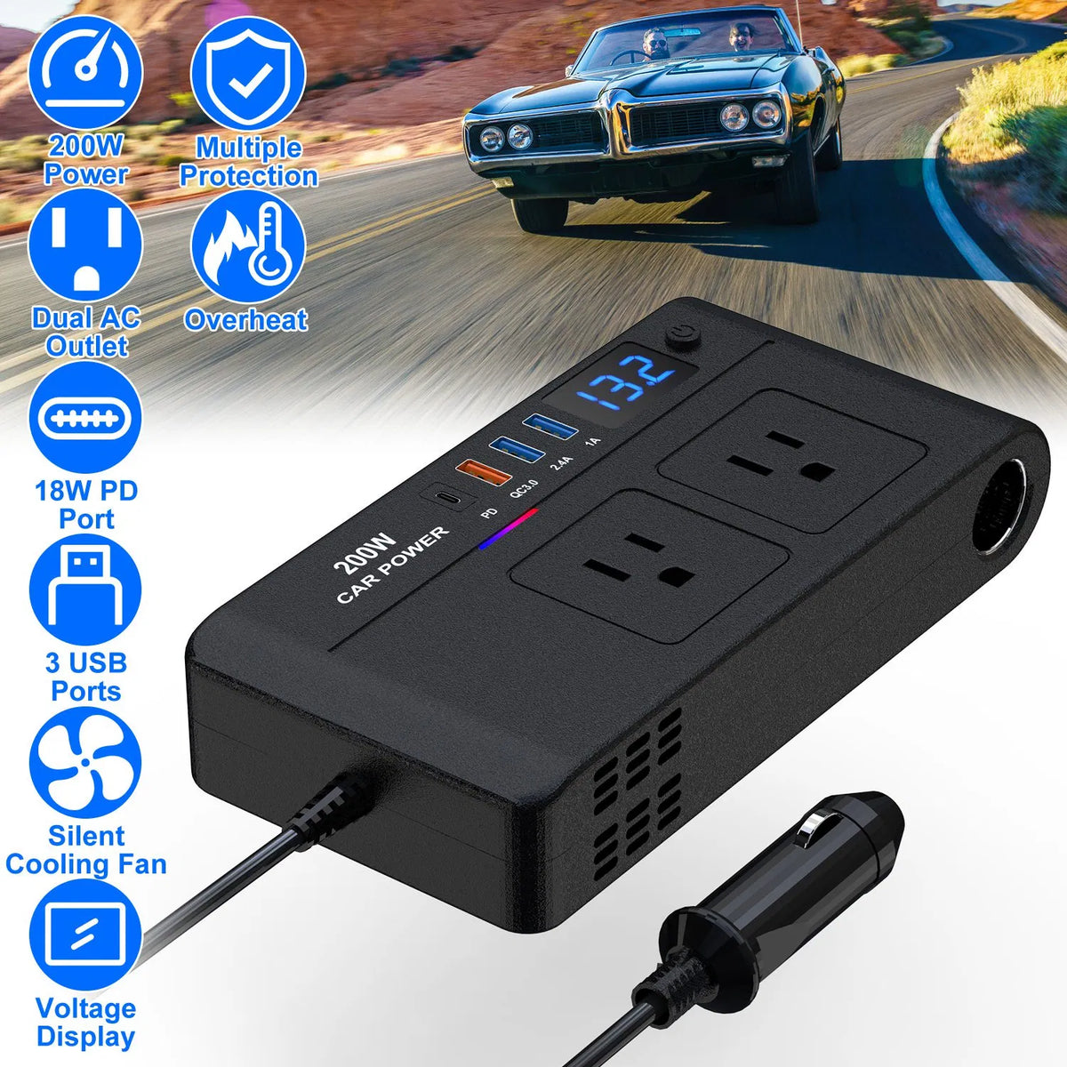 200W 12V Car Inverter DC12V to AC110V Vehicle Power Converter with 2 110V AC - Image 2