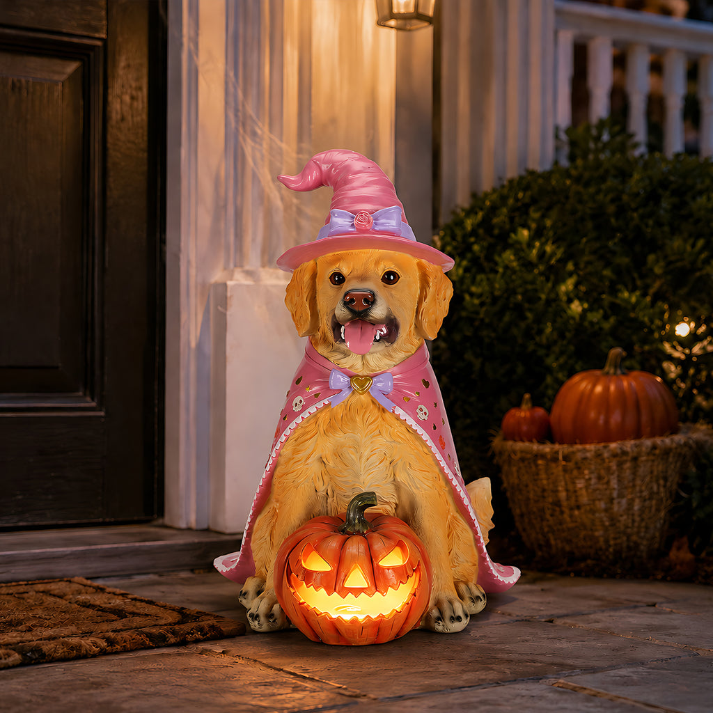 Halloween Golden Retriever Dog Statue Large Sitting Dog Figurine with Pink - Image 3