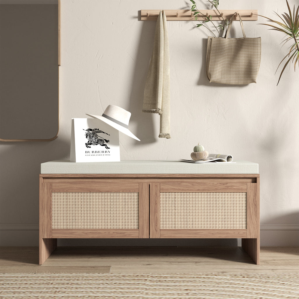 Rattan Shoe Storage Bench with Cushion and Two Doors