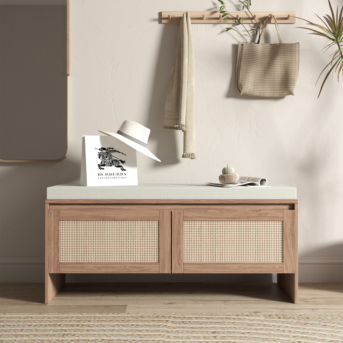 Rattan Shoe Storage Bench with Cushion and Two Doors