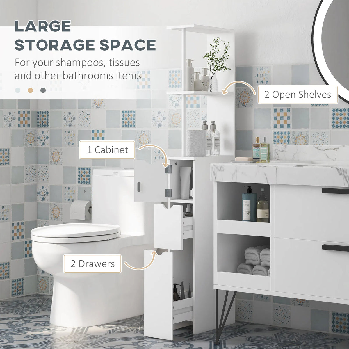 Tall Bathroom Storage Cabinet Narrow Bathroom Cabinet with Drawers and Open - Image 2
