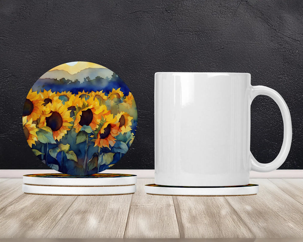 Sunflowers in Watercolor Large Sandstone Coasters Pack of 4 Absorbent Round - Image 4