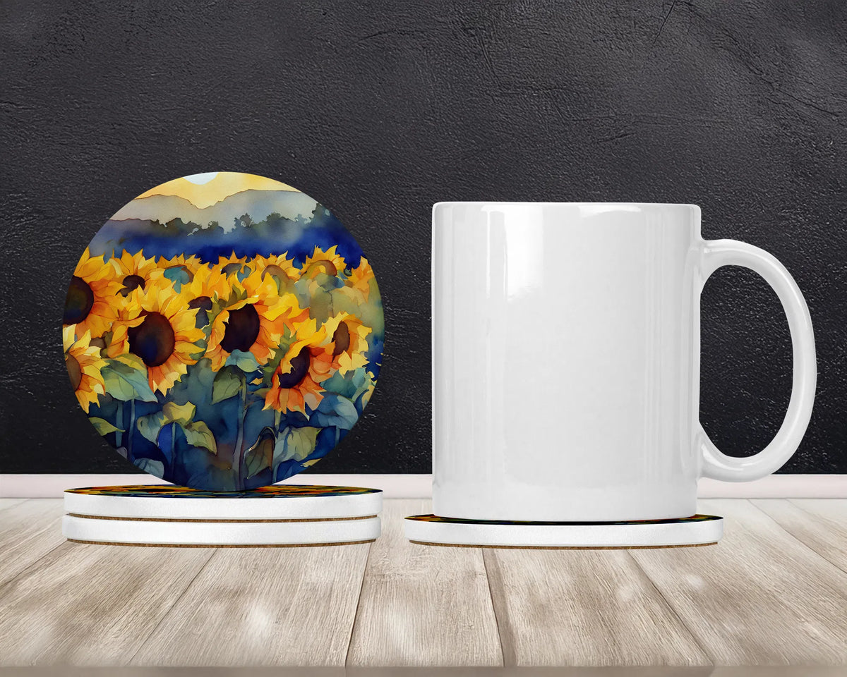 Sunflowers in Watercolor Large Sandstone Coasters Pack of 4 Absorbent Round - Image 4