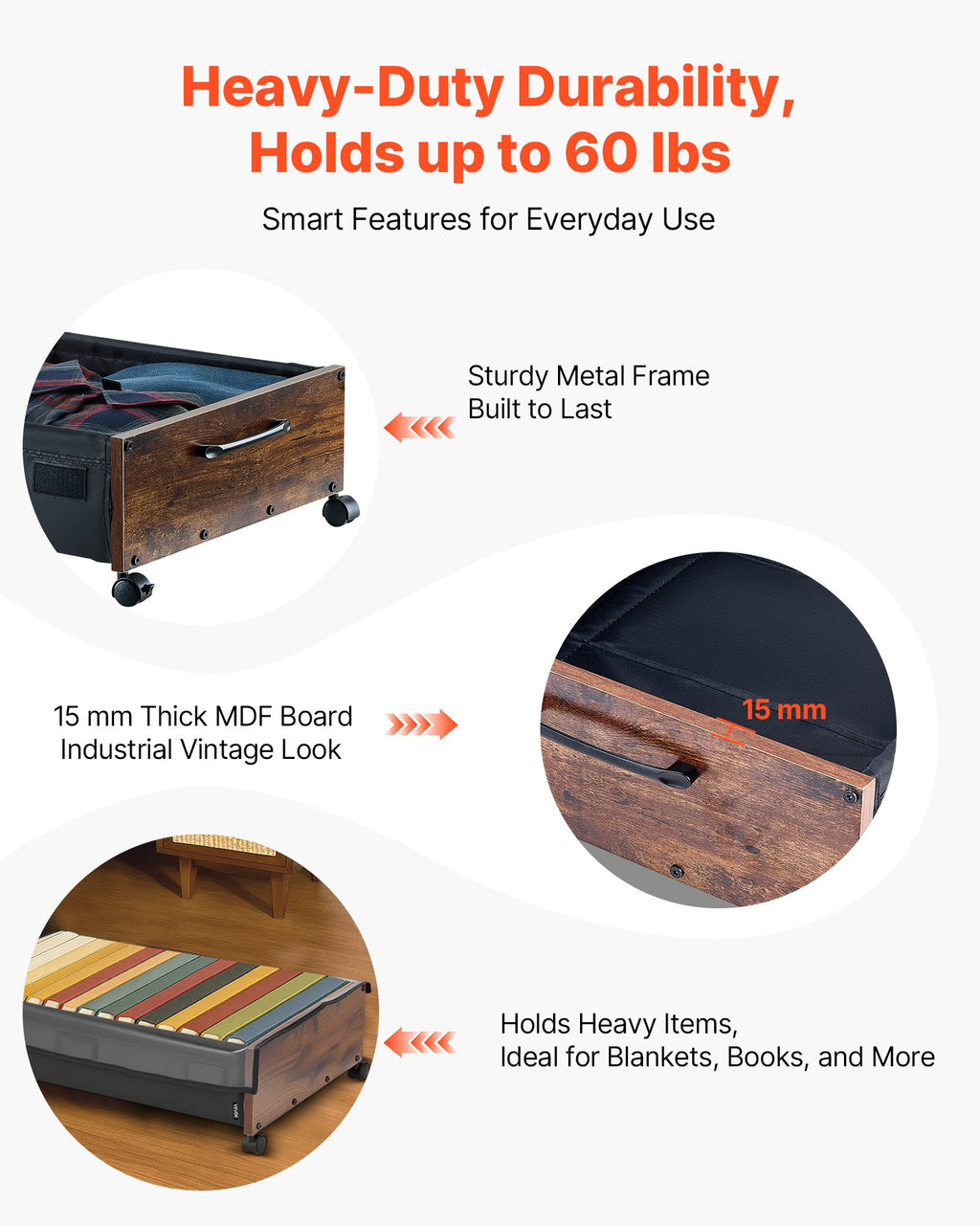under bed storage with wheels detail and structure