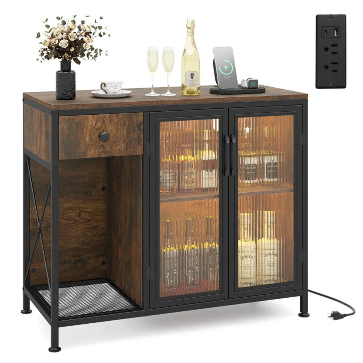 Rustic Brown Coffee Bar Table with Storage Drawer Cabinet RGB LED and Power Outlet - Image 5