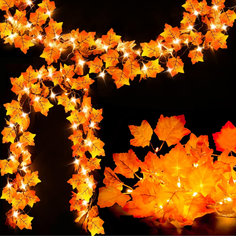 2 Pack Lighted Fall Garland 16.4ft Total 40 LED Autumn Maple Leaf String - Image 4