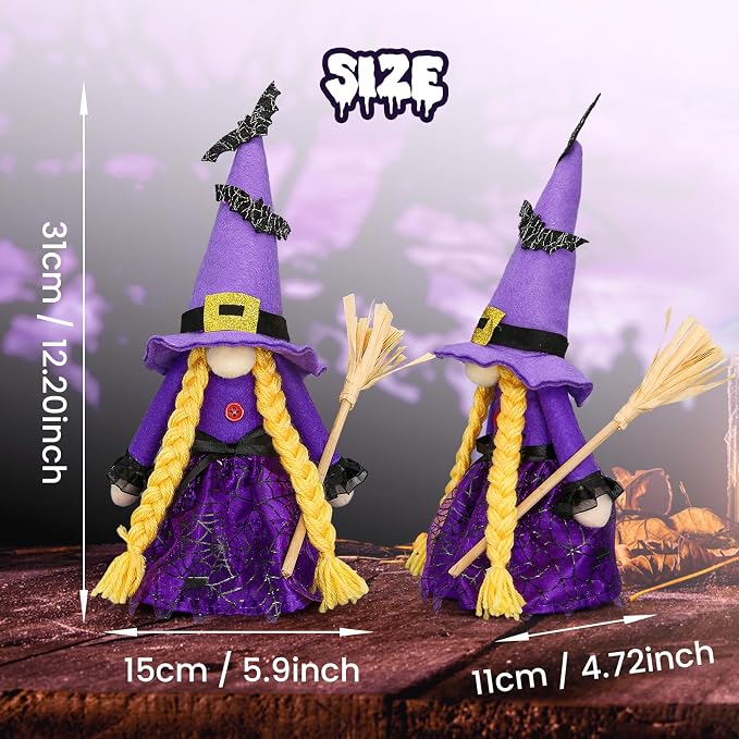 Purple Witch Gnome With Broom Halloween Tabletop Figurine Decoration For - Image 2