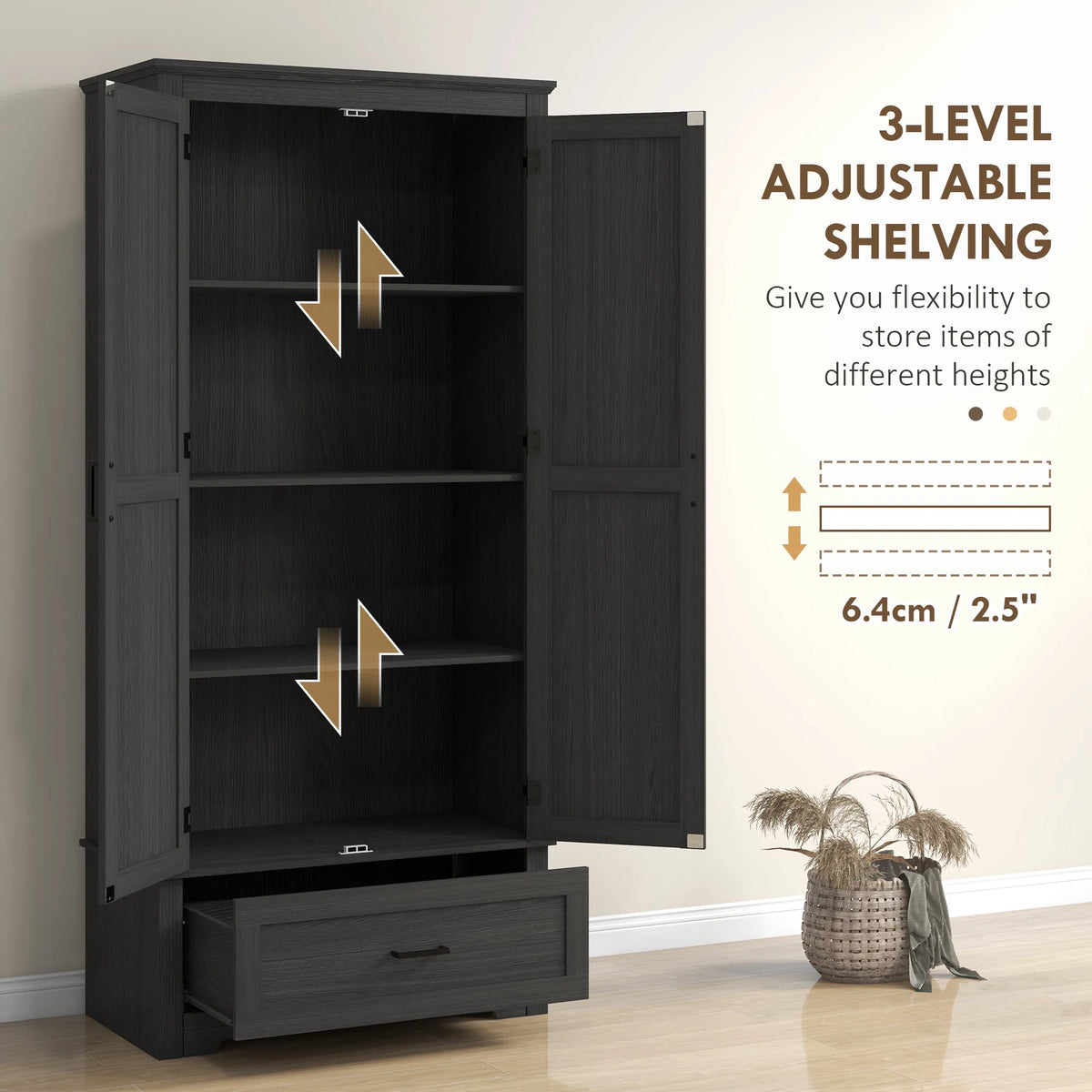 69" Tall Farmhouse Kitchen Pantry Cabinet with 2 Doors Drawer and Adjustable - Image 5